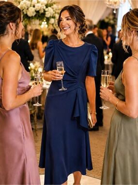 New with tags Wedding Dress guest Navy Blue maxi Dress with Puff Sleeves  size 8